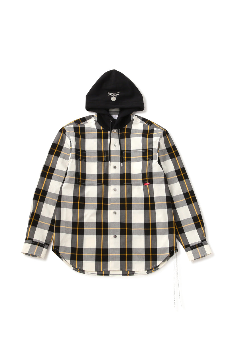 Plaid pattern colorblock discount panel hooded shirt