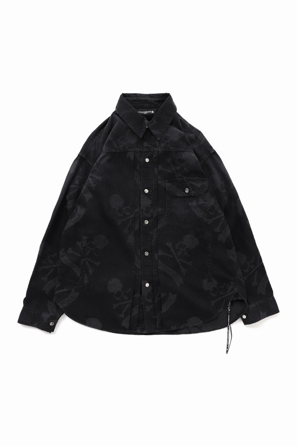【ブラック（01）】LOMEDICO GABARDINE LS SHIRT レザーカラー ワークウェア デニムオーバーシャ​​ツ - ブラック